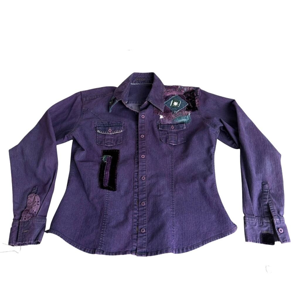Riders Patchwork Shirt Women Size Medium Purple Rodeo Western Boho Chic Unique